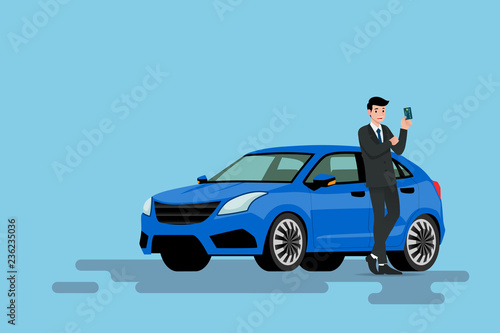 A happy businessman is leaning on his new car and showing his credit card that he use to bought the vehicle. Vector illustration design.