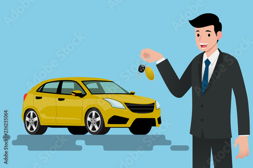 A happy businessman, vehicle seller is standing and holding a key of brand new car for sale. Vector illustration design.