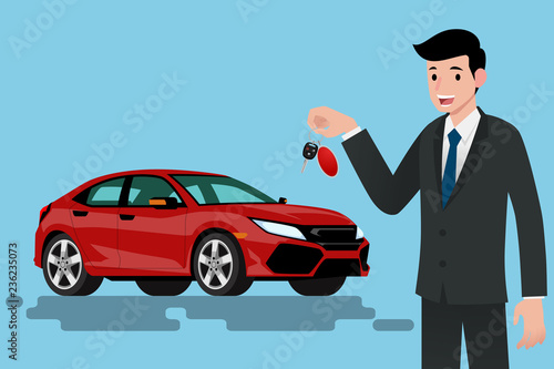 A happy businessman, vehicle seller is standing and holding a key of brand new car for sale. Vector illustration design.