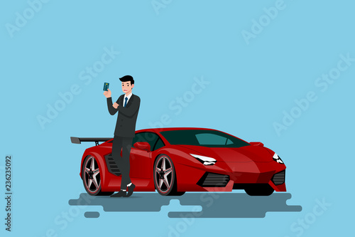 A happy businessman is leaning on his new super car and showing his credit card that he use to bought the vehicle. Vector illustration design.