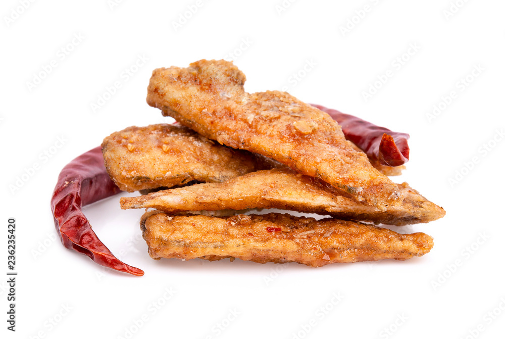 Small Fried Fish Crispy with dried chili on white background Small Fried Fish Crispy with dried chili on white background