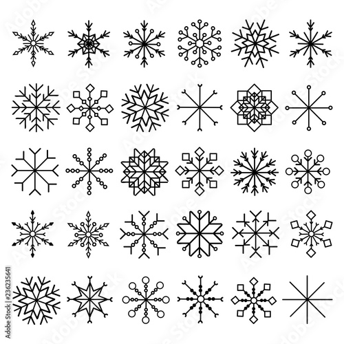 Snowflake icons. Cute snowflakes collection isolated on white background. Flat snow icons  silhouette. Nice element for Christmas banner  cards. New year ornament.