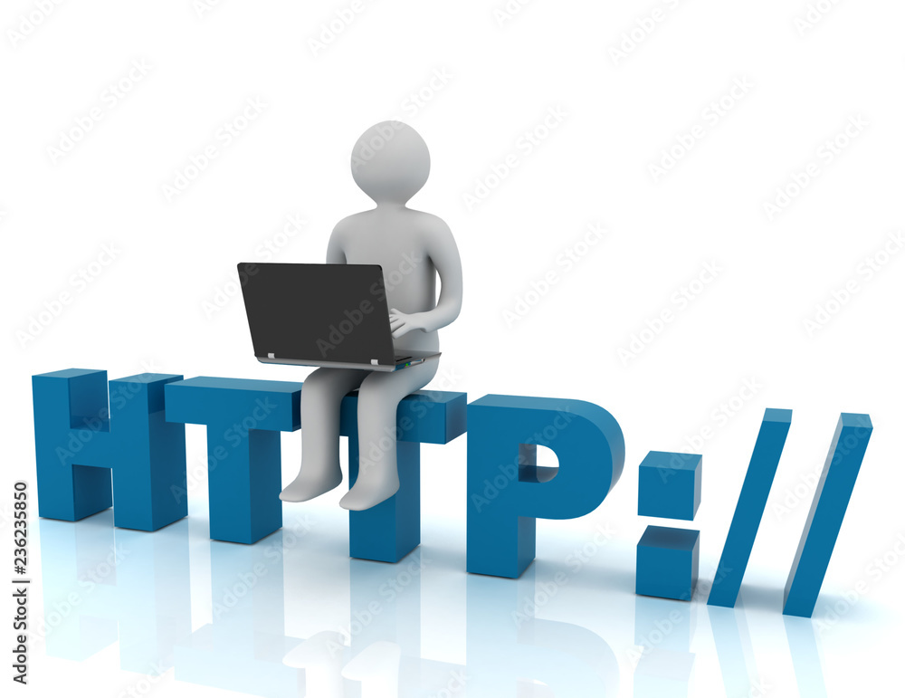 3d people - man, person sitting on HTTP sign with a laptop. Concept of communicationю. rendered illustration