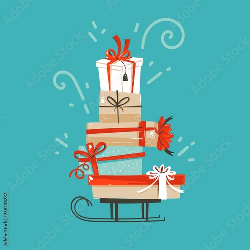 Hand drawn vector abstract fun Merry Christmas and Happy New Year time cartoon illustration greeting card with xmas surprise gift boxes isolated on blue background