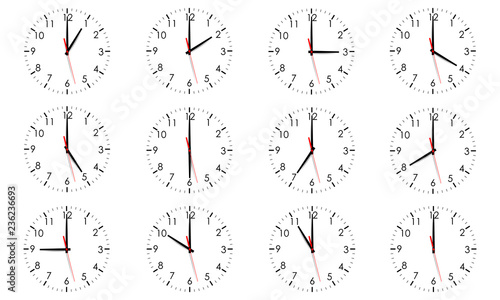 Set of clock dials showing various time isolated on white background. World clock, time zone. Vector illustration