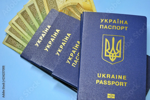 Ukraine passports with golden letters and trident emblem with selective focuse on blue blurred background. Stack of id documents with poland currency polish zloty. Ukrainiant migrant wokers documents. photo