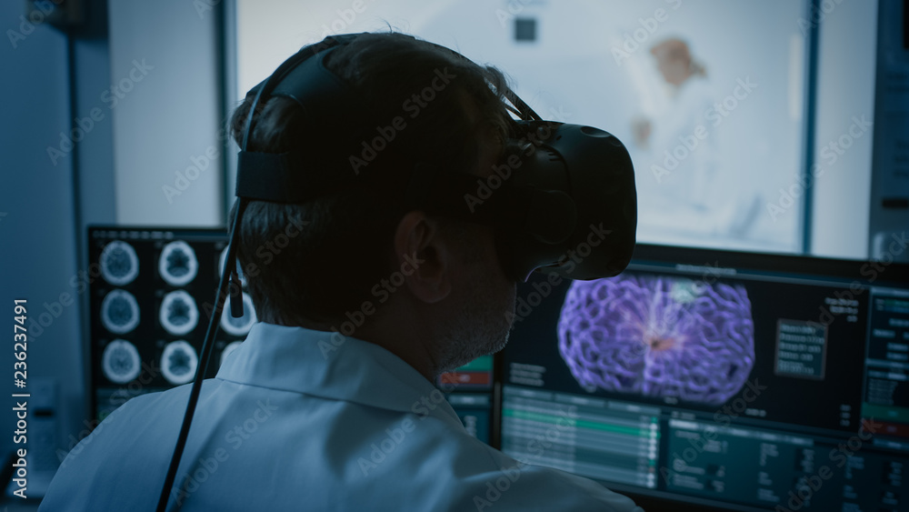 Futuristic Concept In Medical Control Room Doctor Wearing Virtual