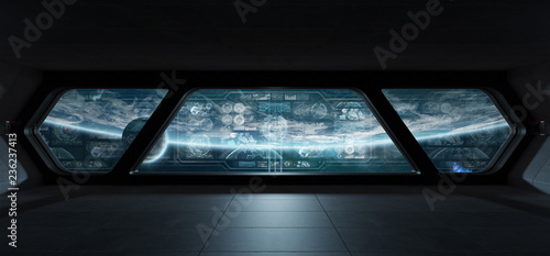 Fototapeta Naklejka Na Ścianę i Meble -  Dark spaceship interior with control panel digital screens 3D rendering