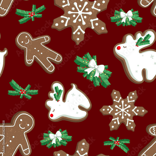 Christmas pattern with illustrations of cookies, gingerbread. New Year's texture. Christmas tree branches. Use for background, creativity, paper, textiles, scrapbooking, invitations, cards