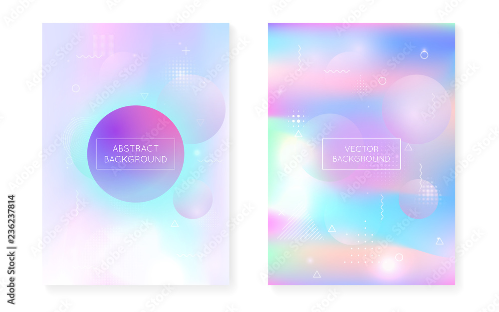 Liquid shapes cover with dynamic fluid. Holographic bauhaus gradient with memphis background. Graphic template for book, annual, mobile interface, web app. Vibrant liquid shapes cover.
