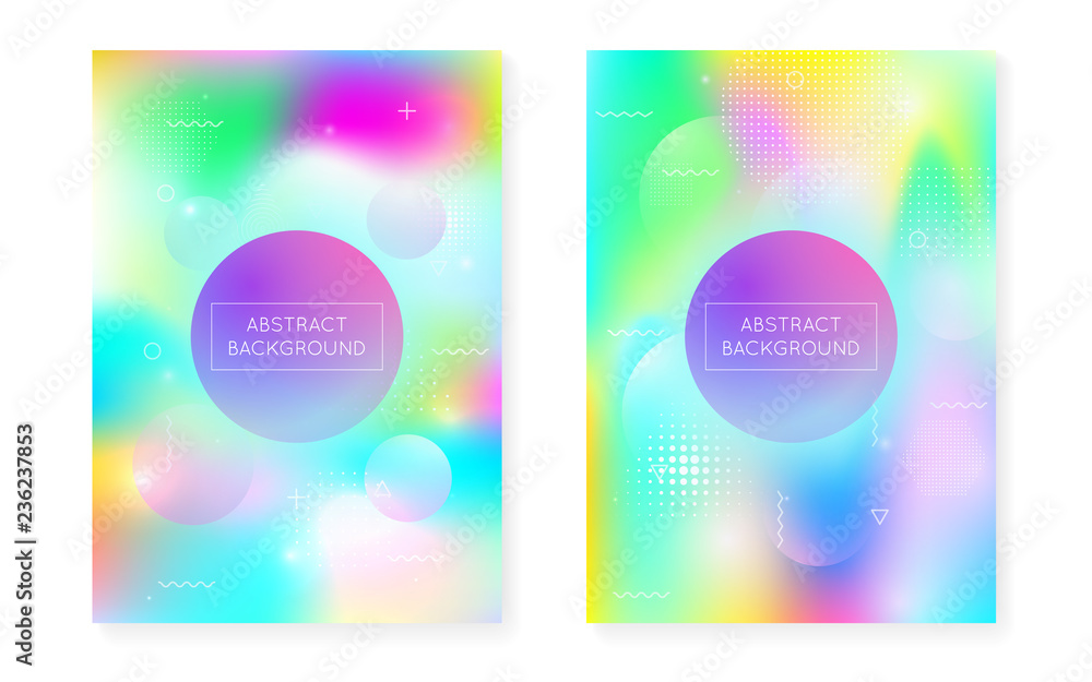 Bauhaus cover set with liquid shapes. Dynamic holographic fluid with gradient memphis background. Graphic template for brochure, banner, wallpaper, mobile screen. Spectrum bauhaus cover set.