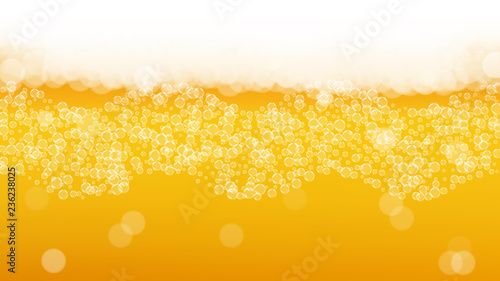 Lager beer. Background with craft splash. Oktoberfest foam. Fresh pint of ale with realistic white bubbles. Cool liquid drink for restaurant flyer design. Yellow mug with lager beer.