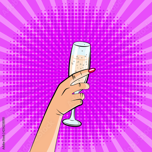 An image of a hand with a glass of champagne. Pop art style, comics.