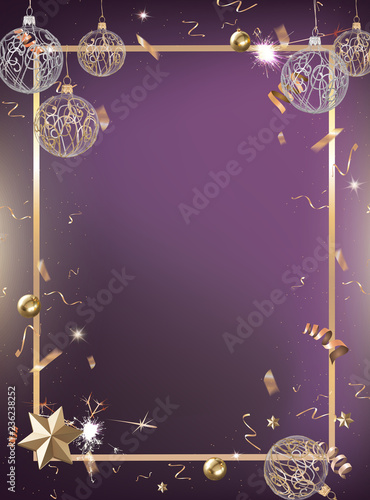 Purple celebration party background with golden confetti and border photo