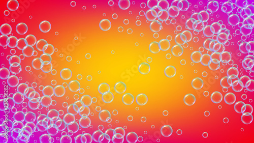 Soap cleaning foam background. Shampoo bubbles and suds. 3d vector illustration banner. Stylish spray and splash. Realistic water frame and border. Rainbow colorful liquid soap cleaning.