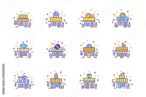 Big City Shop and Store Building color line icon set. Vector illustration, flat style. © Oksana