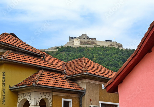 City buildings and an old ruin in Transylvania, Romania