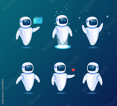 Set of various futuristic robots activity vector illustration. Robot innovation technology science emotions