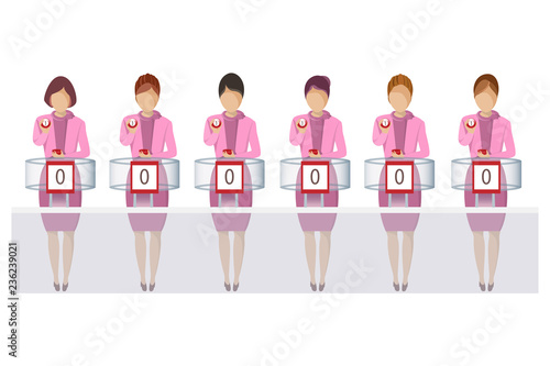 vector of thai government lottery office , woman staff showing red ball from lottery machine