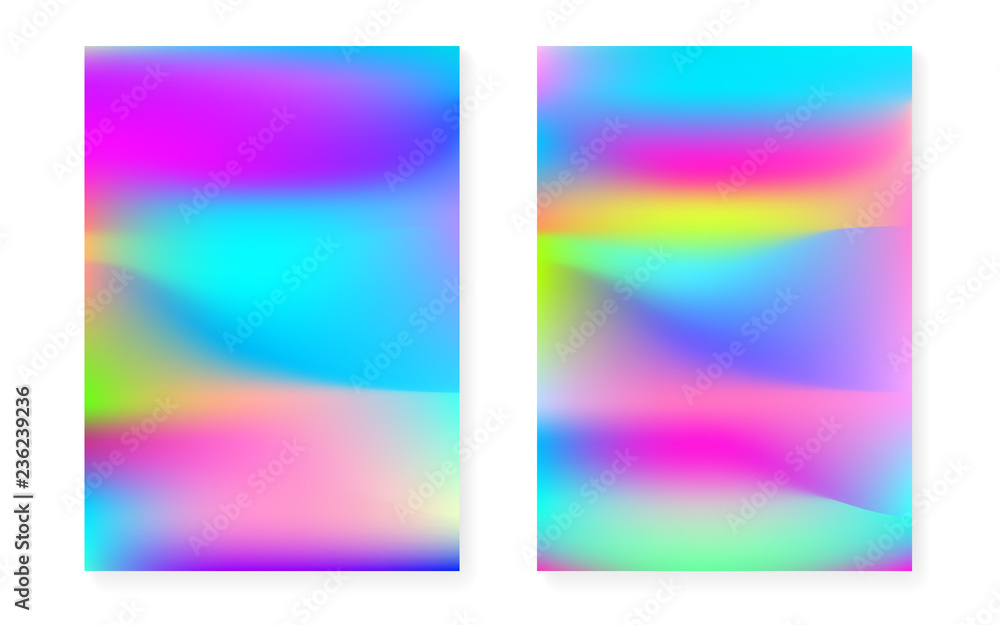 Hologram gradient background set with holographic cover. 90s, 80s retro style. Iridescent graphic template for book, annual, mobile interface, web app. Bright minimal hologram gradient.