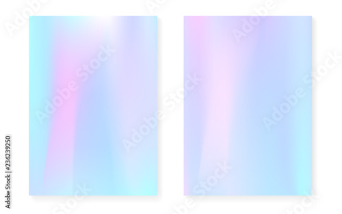 Hologram gradient background set with holographic cover. 90s, 80s retro style. Iridescent graphic template for flyer, poster, banner, mobile app. Rainbow minimal hologram gradient.