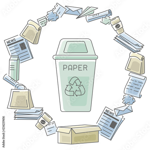 Card with waste paper and trashcan. Contour and fill style vector illustration