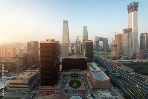 High angle view of Beijing Central Business District skyscrapers building at sunset in Beijing ,China.