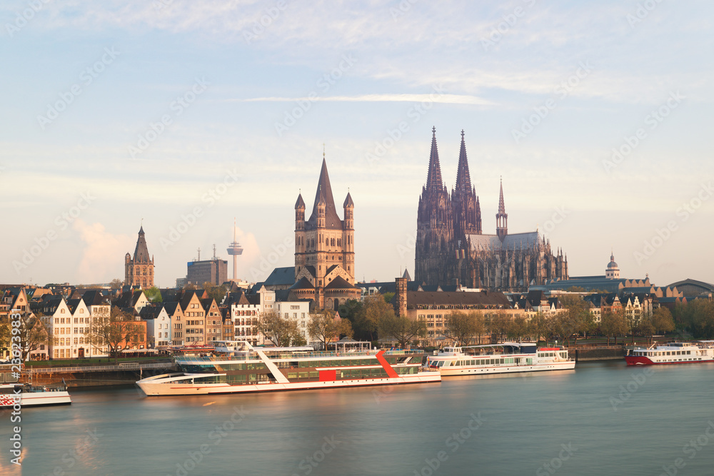 Aerial view Cologne over the Rhine River with cruise ship in morning at Cologne, Germany.