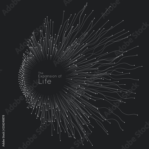 Expansion of life. Vector sphere explosion background. Small particles strive out of center. Blurred debrises into rays or lines under high speed of motion. Burst, explosion backdrop.