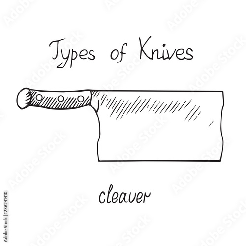 Knife types, cleaver, vector outline illustration with inscription