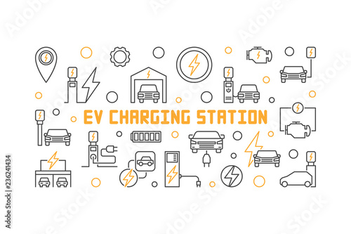 EV charging station vector illustration in thin line style. Electric vehicle charging concept horizontal banner