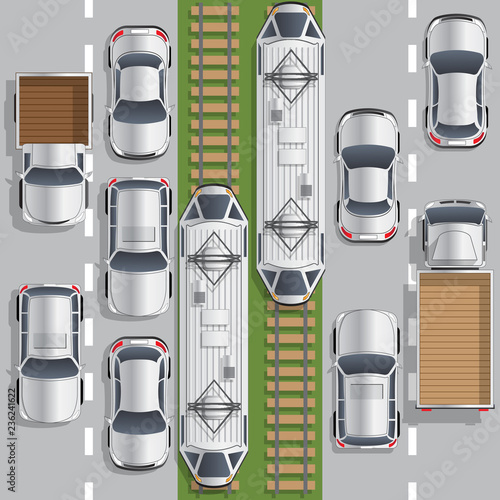Road traffic. Trams. View from above. Vector illustration. 