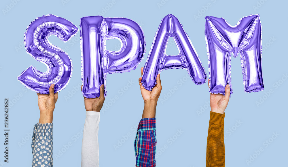 Hands holding spam word in balloon letters