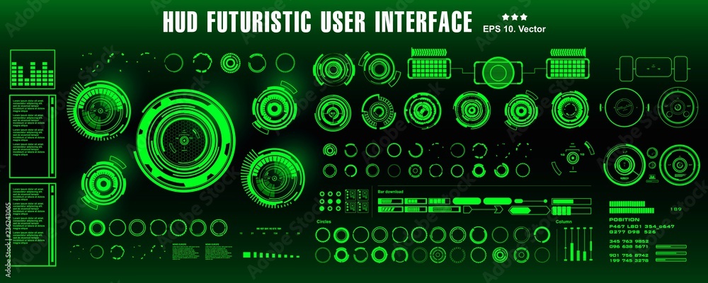 Dashboard display virtual reality technology screen. HUD futuristic green user interface