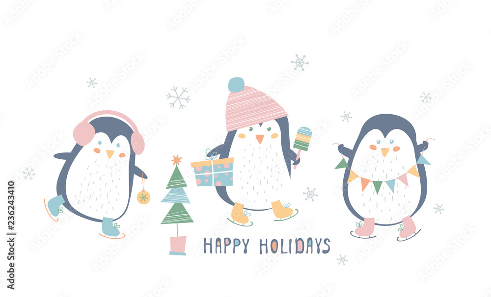 Happy Holidays. Cute penguins on white background. Greeting card
