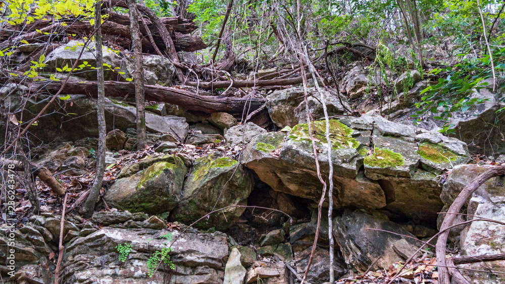 Upward view of small path covered in fallen rocks Upward view of small path covered in fallen rocks