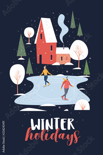 Happy winter holidays. An image of people skating. Skaters on a skating rink in a small town covered with snow. Winter outdoor activities and sports. Festive seasonal vector illustration.