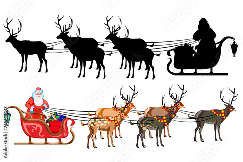 Santa Claus on a sleigh with reindeer, with a handful of gifts. Silhouette of santa claus.