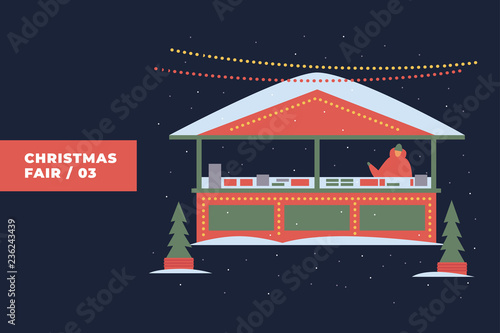Image of fairground, Christmas tent decorated with garland and Christmas trees. Seller selling gifts. Decorative composition is ideal for New Year's cards, posters. Vector colorful illustration.