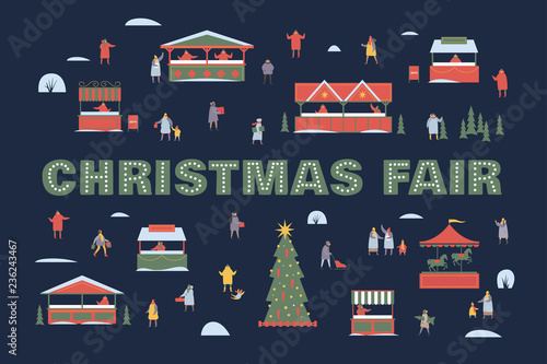 Festive illustration with walking people, New Year tree, market stalls and carousel. Happy winter holidays. Vector colorful seasonal images.