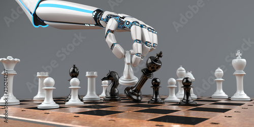 Schachmatt Eine Roboterhand mit Schachfiguren auf einem Schachbrett photo