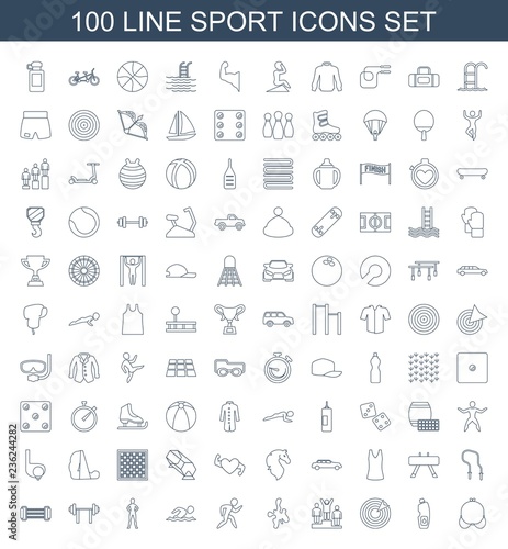 sport icons. Set of 100 line sport icons included bra, water bottle, target, ranking, paintball, running, swimming man on white background. Editable sport icons for web, mobile and infographics.