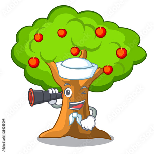 Sailor with binocular apples on tree branch the character