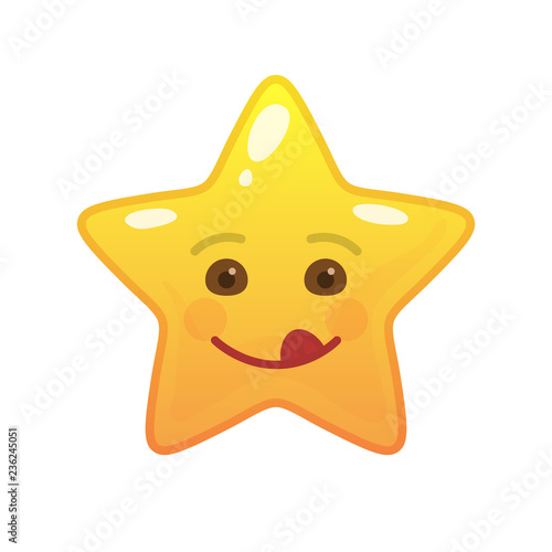 Playful star shaped comic emoticon. Frisky face with facial expression. Coltish emoji symbol for internet chatting. Funny social communication animated character. Mood message isolated vector element