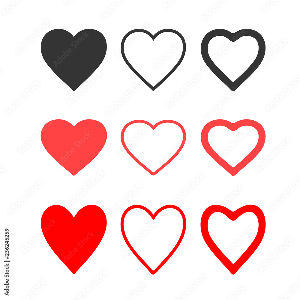 Set of Like and Heart icon. Social nets like red, gray heart web buttons. Live stream video, chat, likes. Vector illustration. Isolated on white background.