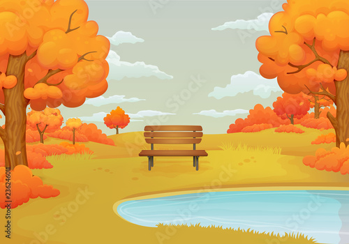 Autumn day illustration. Wooden bench by the lake with orange bushes and trees with falling leaves.