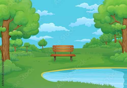 Summer, spring day illustration. Wooden bench by the lake with lush green bushes and trees.