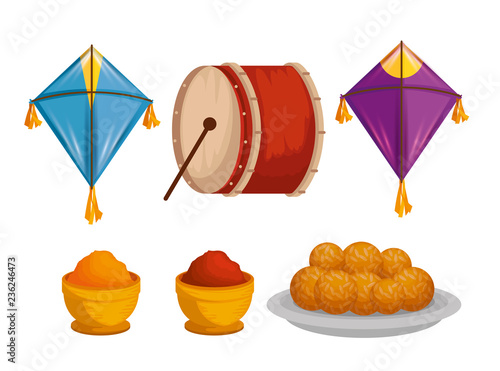 set kites with drum and food to makar sankranti