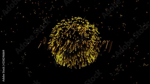25th Anniversary Greeting text with particles, colored fireworks, sparks and stars with beautiful glitter effect on background.