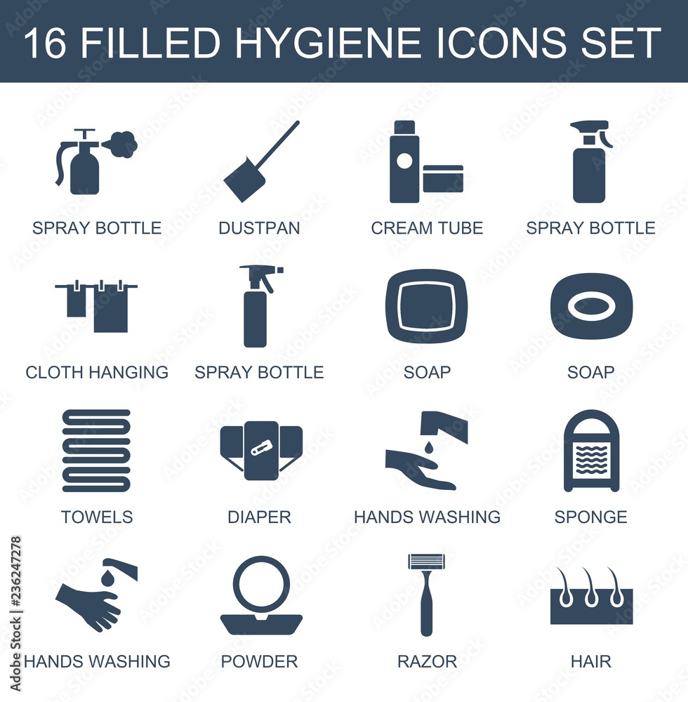 hygiene icons. Set of 16 filled hygiene icons included spray bottle, dustpan, cream tube, cloth hanging, soap on white background. Editable hygiene icons for web, mobile and infographics. hygiene icons. Set of 16 filled hygiene icons included spray bottle, dustpan, cream tube, cloth hanging, soap on white background. Editable hygiene icons for web, mobile and infographics.